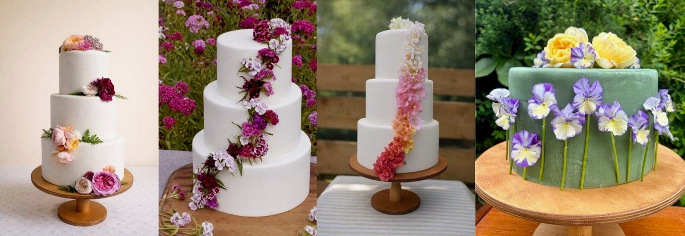 4 cakes decorated with edible flowers. 
